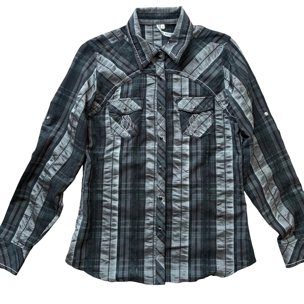 Adiktd Womens Western Plaid Button Down Shirt Gray Embroidered Crinkle AD1308576